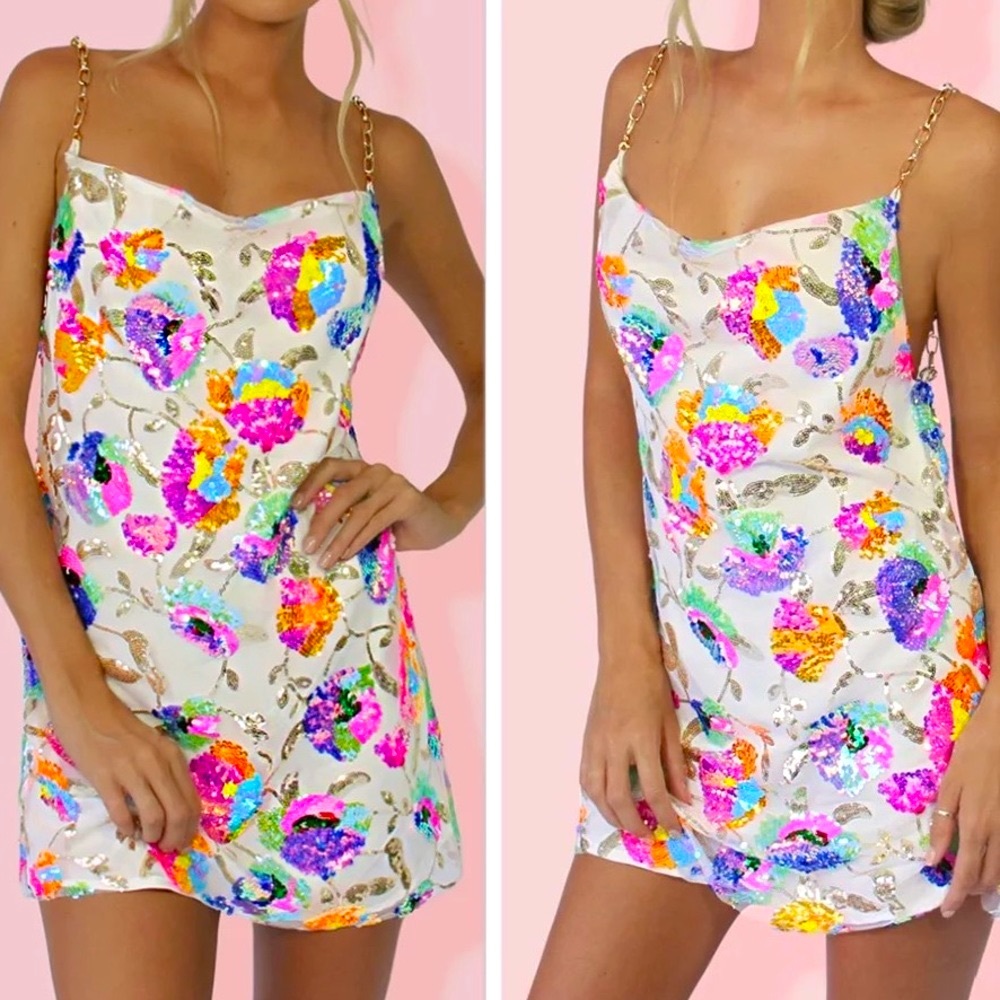 multicolor sequin gold chain strap mini sheath party dress white new with tag S - Picture 5 of 12